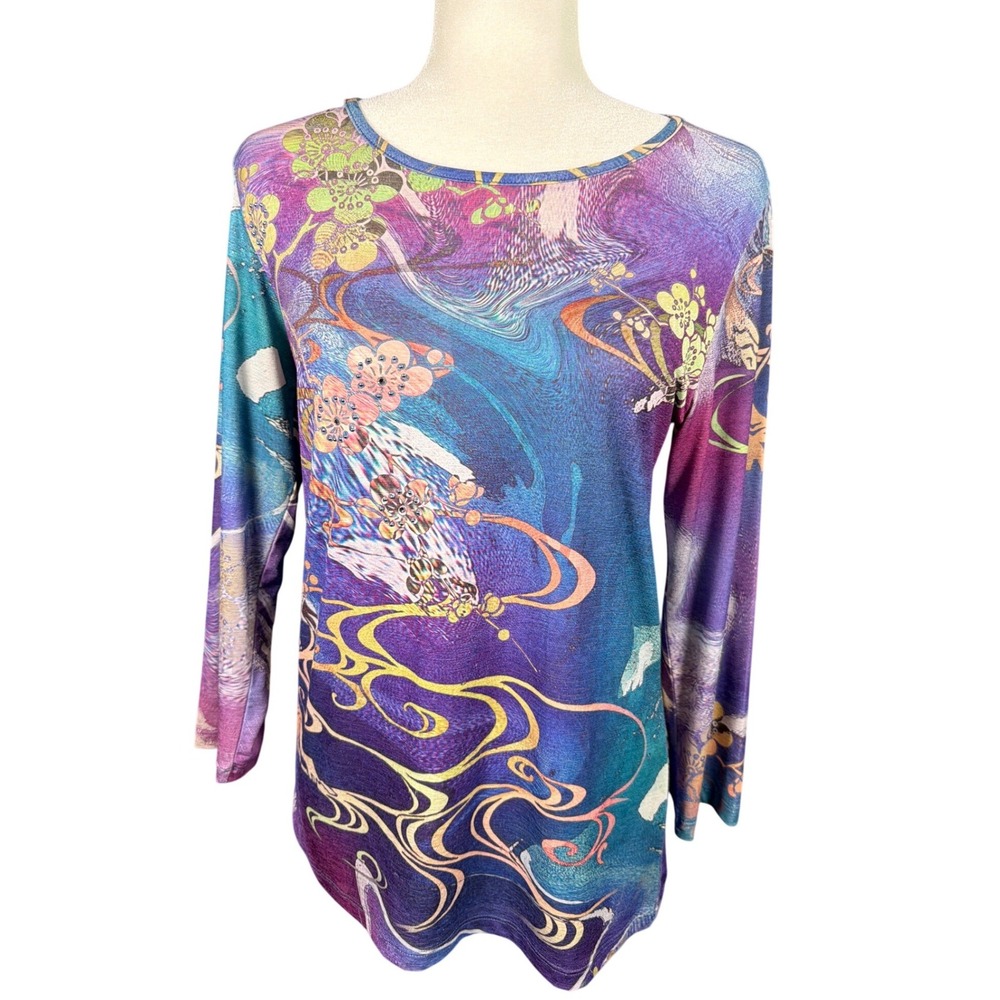 Katina Marie Womens Abstract Floral Swirl Long Sleeve Top Purple Blue PS178-3 M